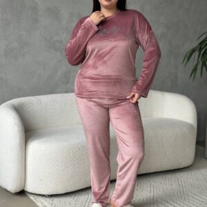 Жіночий велюровий костюм для дому (Батал 2XL-4XL) / Пудрова піжама з турецького велюру