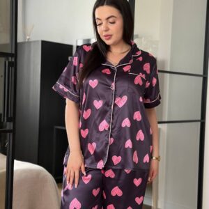 Шовкова піжама з принтом "Сердечка" (Plus Size 2XL-5XL) / Ніжний домашній костюм для пишних форм