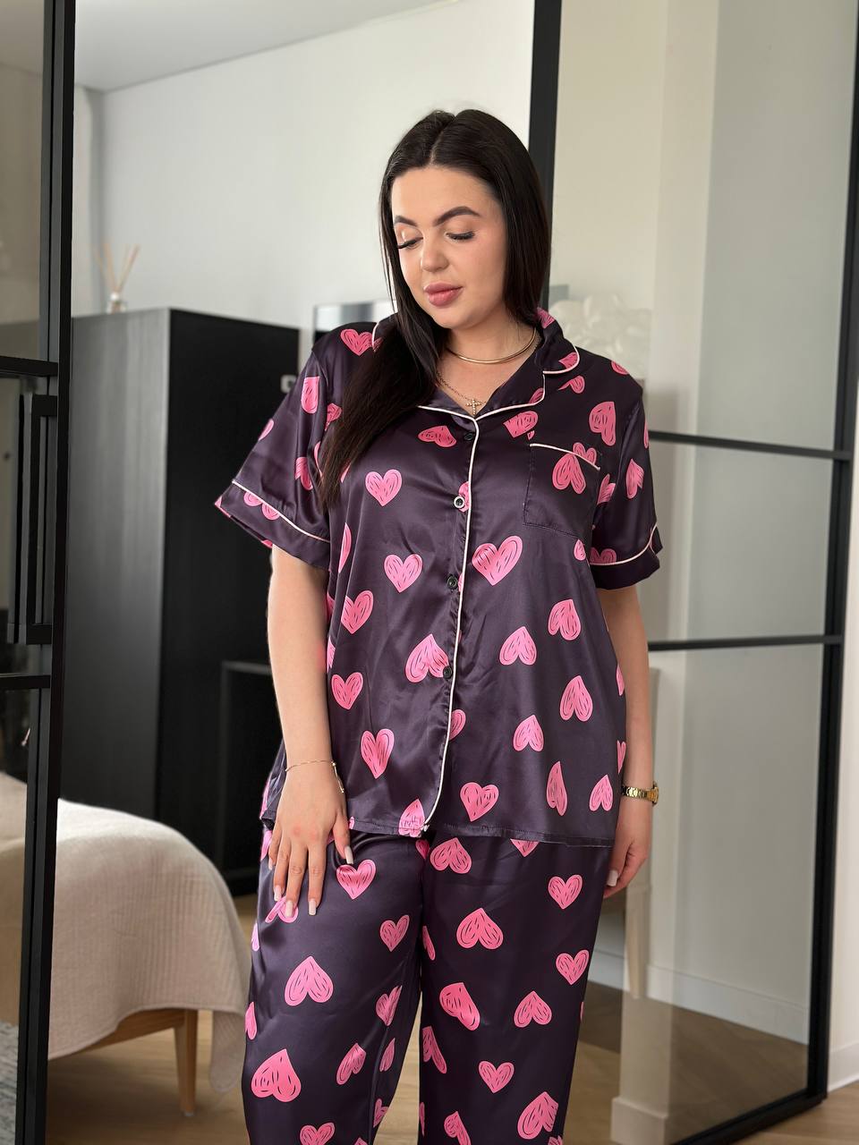 Шовкова піжама з принтом "Сердечка" (Plus Size 2XL-5XL) / Ніжний домашній костюм для пишних форм