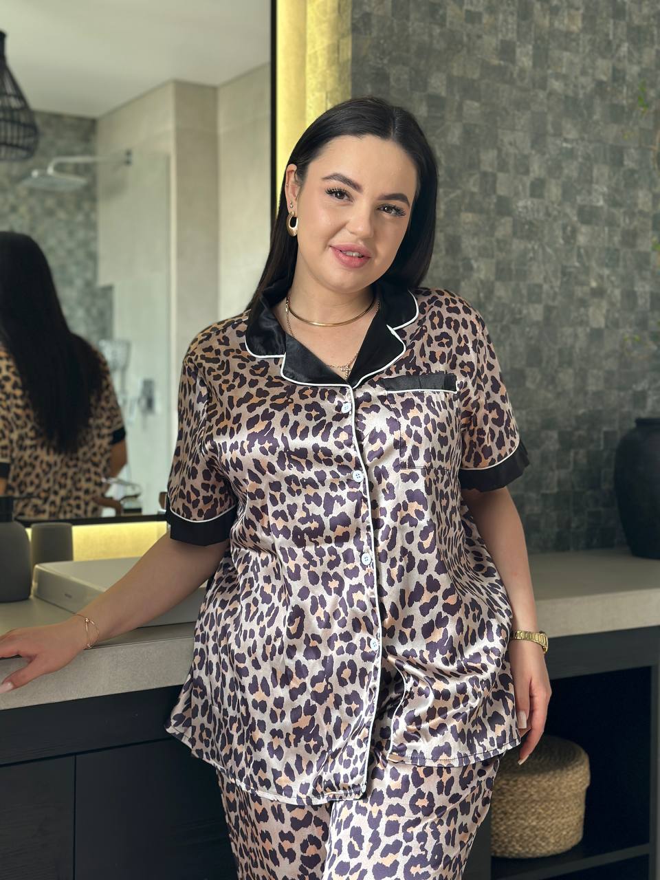 Жіноча шовкова піжама-костюм Plus Size з леопардовим принтом