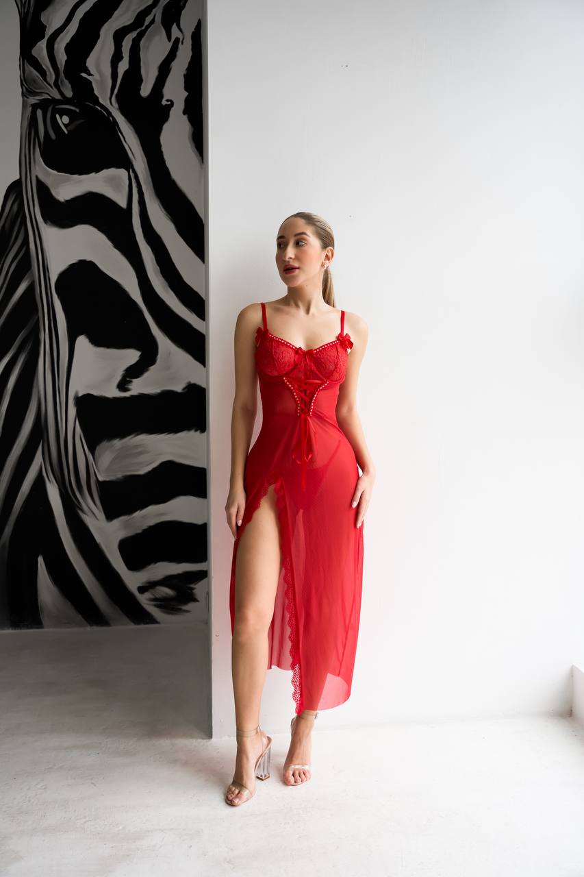 Довгий червоний пеньюар з італійської сітки та мережива "Red Weapon"/ Еротична накидка максі - Зображення 6