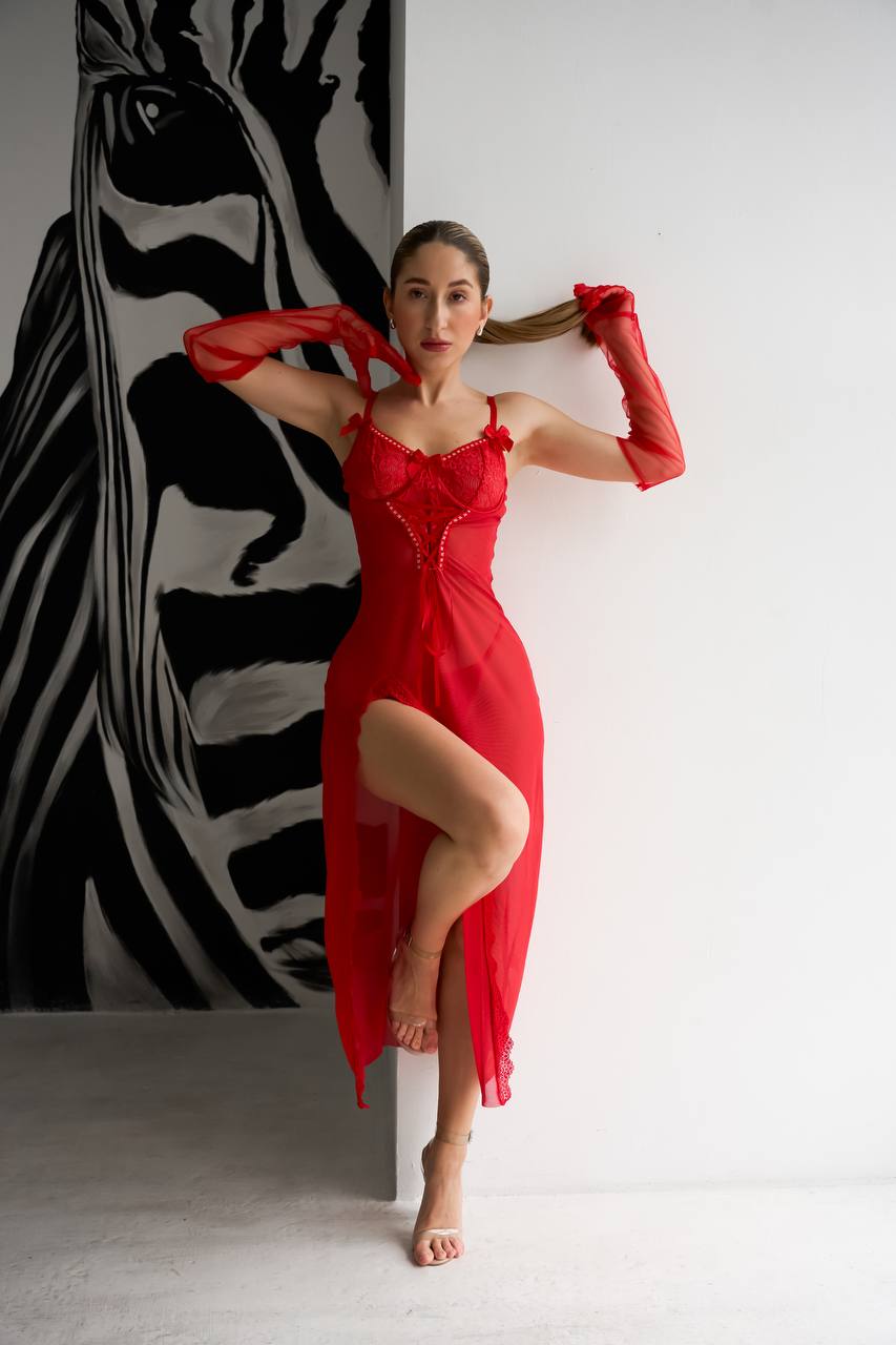 Довгий червоний пеньюар з італійської сітки та мережива "Red Weapon"/ Еротична накидка максі - Зображення 2