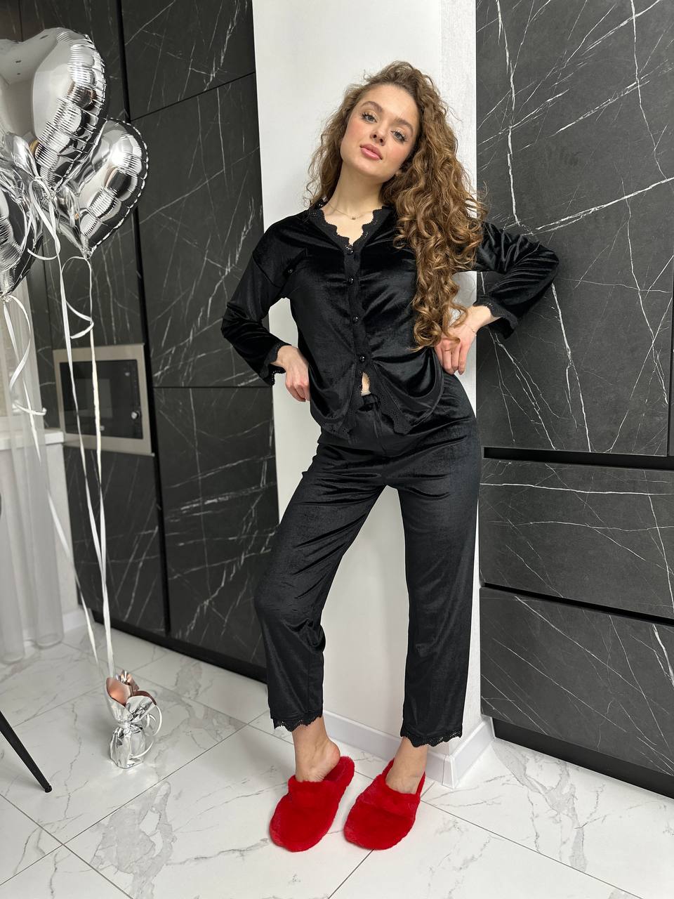 Вишукана оксамитова піжама з мереживом (Костюм) - Зображення 8